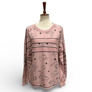 Easel Long Sleeve Western Print Terry Pullover Top New